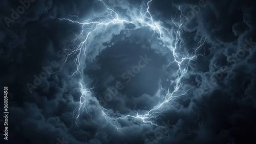 Dramatic Thunderstorm with Lightning Bolts in Dark Cloudy Sky Creating a Circular Pattern photo