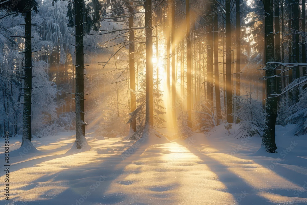 enchanting winter forest scene at dawn with sunlight filtering through snowcovered trees and creating a magical atmosphere enchanting winter forest scene at dawn with sunlight filtering through snowcovered trees and creating a magical atmosphere