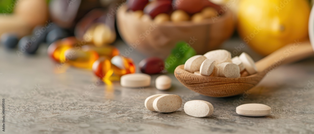 Assorted Nutritional Supplements and Vitamins on a Wooden Spoon with Fresh Fruits in the Background Assorted Nutritional Supplements and Vitamins on a Wooden Spoon with Fresh Fruits in the Background