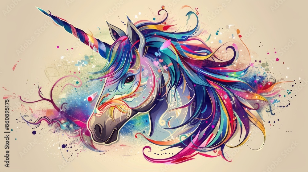 Fototapeta premium Elegant unicorn head with vibrant colors and intricate details, surrounded by magical elements, Japanese cartoon style