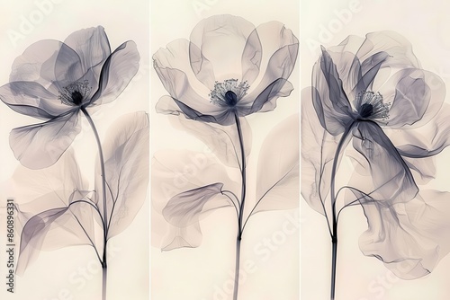 ethereal triptych featuring abstract flowers in gossamerlike transparency delicate petals and stems intertwine in a dreamy watercolorinspired composition on light airy canvases photo