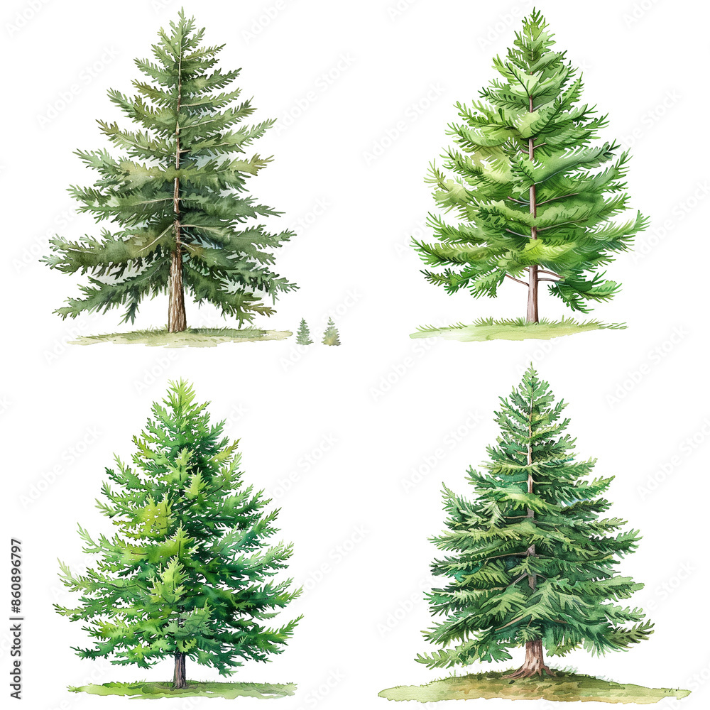 Obraz premium Set Of Thuja Occidentalis Tree Watercolor Illustration On Transparent Background