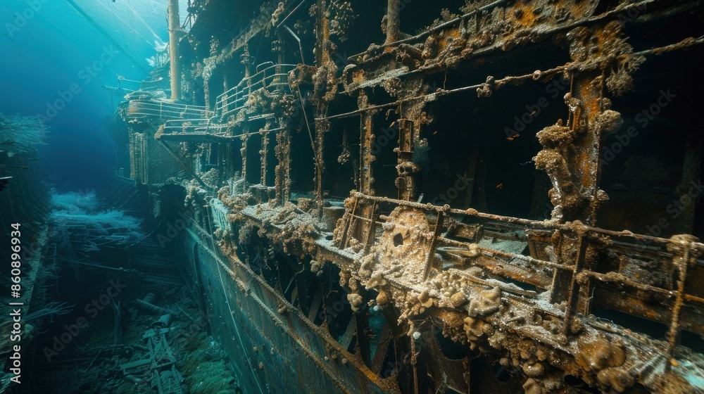 A sunken ship is shown in the ocean with a lot of debris and rusted metal. Generate AI image