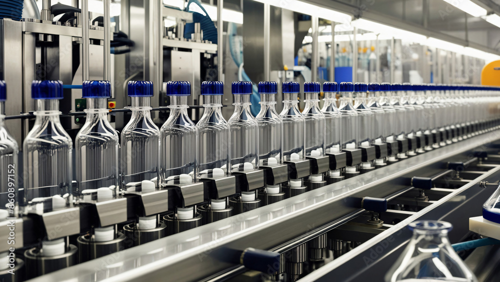 Obraz premium A meticulously functioning array of pharmaceutical machines in a bustling factory, diligently producing medical bottles.