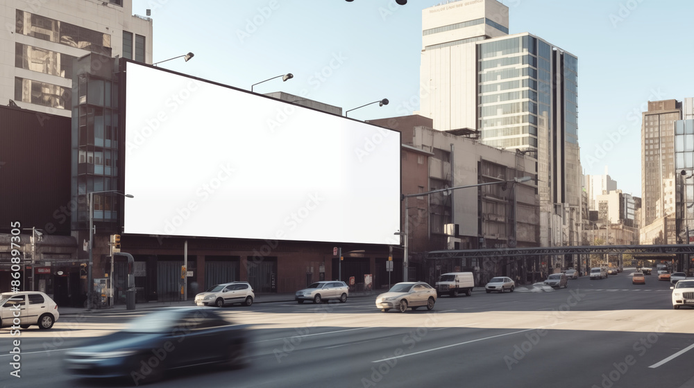 A blank billboard on a busy city street during daytime, surrounded by modern buildings and people walking by