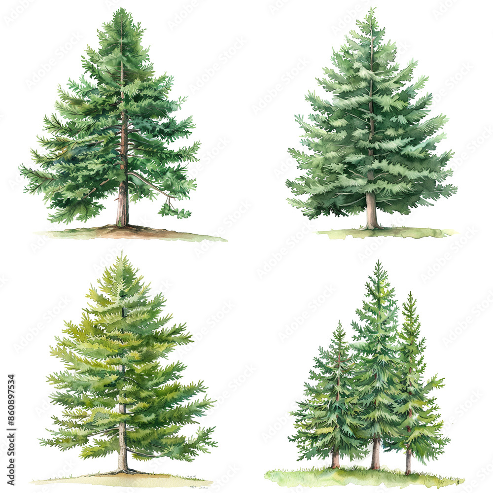 Fototapeta premium Set Of Watercolor Tsuga Canadensis Tree Illustration On White Background