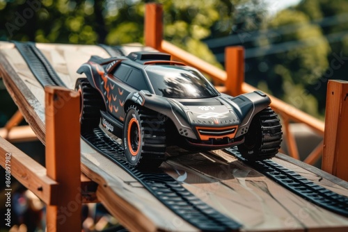 Black and Orange RC Car on Wooden Ramp