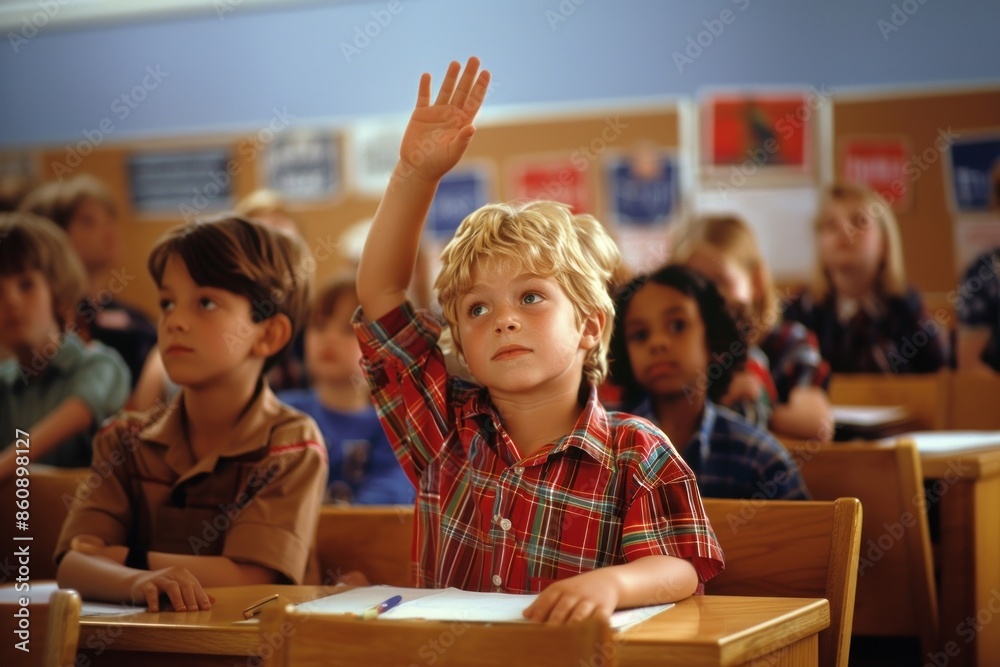 Students Raise your hand classroom school child. Students Raise your hand classroom school child.