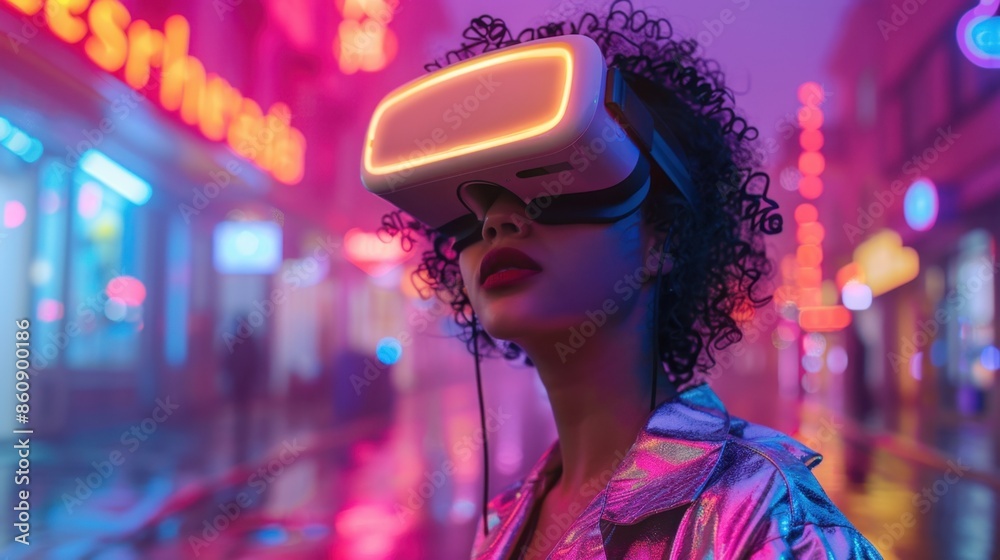 Wearing a reflective jacket, a woman explores a neon-drenched virtual realm with her VR headset, highlighting the advanced capabilities and allure of contemporary VR technology.
