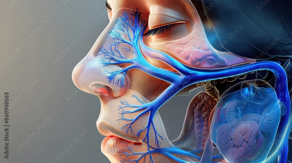 A side view of the human head, depicting the nose and nasal passages, emphasizing the anatomy and function of the olfactory system in detecting scents.
A side view of the human head, depicting the nose and nasal passages, emphasizing the anatomy and function of the olfactory system in detecting scents.