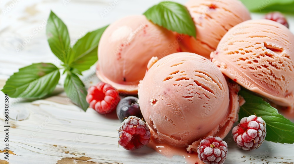 Strawberry Ice Cream Scoops with Fresh Raspberries
