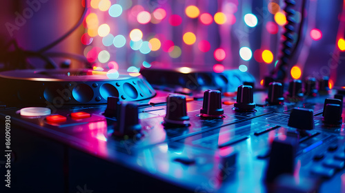 DJ console cd mp4 deejay mixing desk Ibiza house techno dance music wedding reception party in nightclub with colored lighting effect disco lights : Generative AI