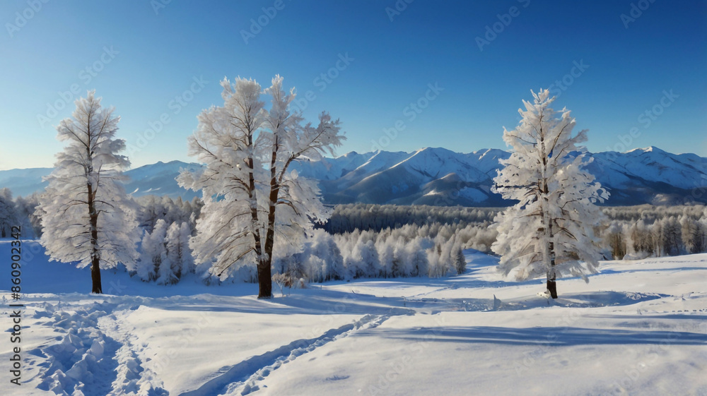 snowy-landscape-clear-blue-sky-fluttering-snowflakes-snow-capped-evergreens-distant-frost-covere snowy-landscape-clear-blue-sky-fluttering-snowflakes-snow-capped-evergreens-distant-frost-covere