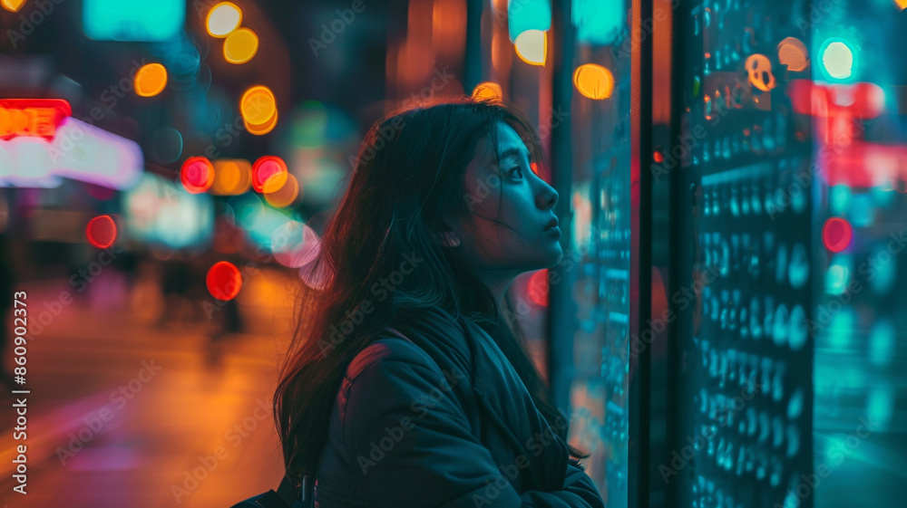 Woman by urban night window Woman by urban night window