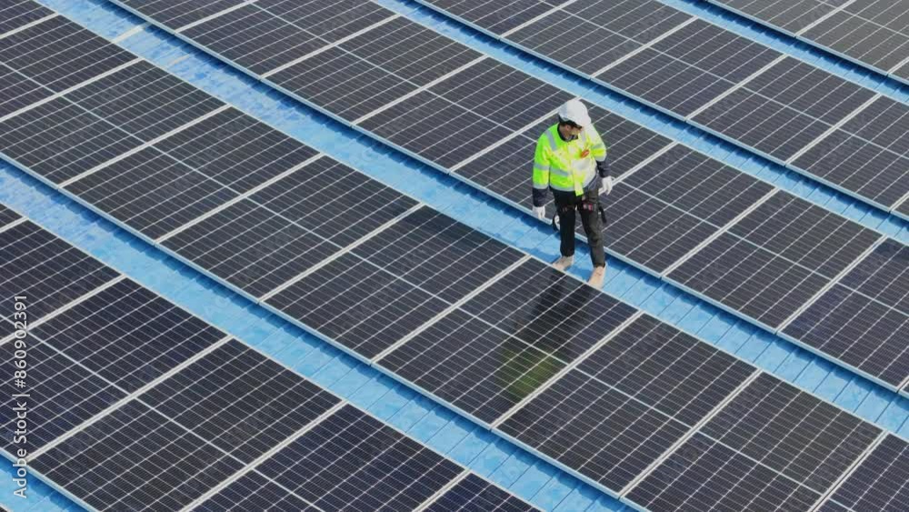 engineer man inspects construction of solar cell panel or photovoltaic cell by electronic device. Industrial Renewable energy of green power. factory worker working on tower roof. engineer man inspects construction of solar cell panel or photovoltaic cell by electronic device. Industrial Renewable energy of green power. factory worker working on tower roof.