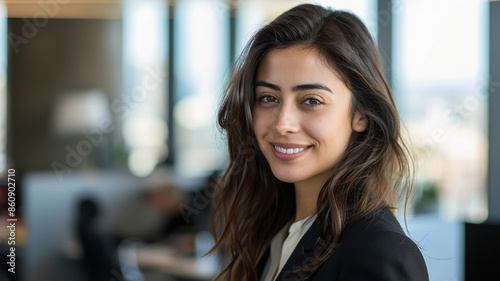 Happy lady in black coat at workplace