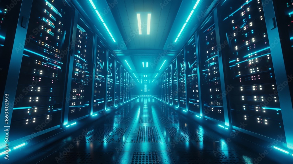 Futuristic Data Center with Blue LED Lights, Generative AI Futuristic Data Center with Blue LED Lights, Generative AI
