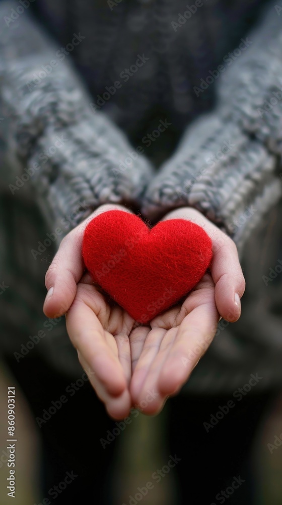 Heart in Hands: A person holding a small, red, felt heart in cupped hands, symbolizing Heart in Hands: A person holding a small, red, felt heart in cupped hands, symbolizing