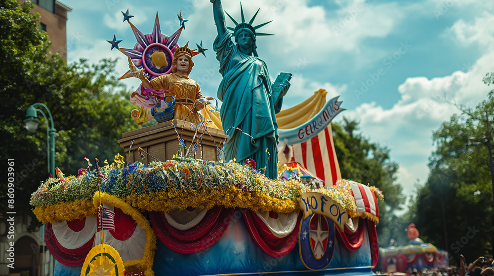 Obraz premium A decorated float in a parade featuring the Statue of Liberty and Uncle Sam, US Independence Day, symbols, hd, colorful with copy space