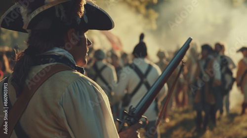 A historical reenactment with people dressed in Revolutionary War attire, US Independence Day, history, hd, educational with copy space