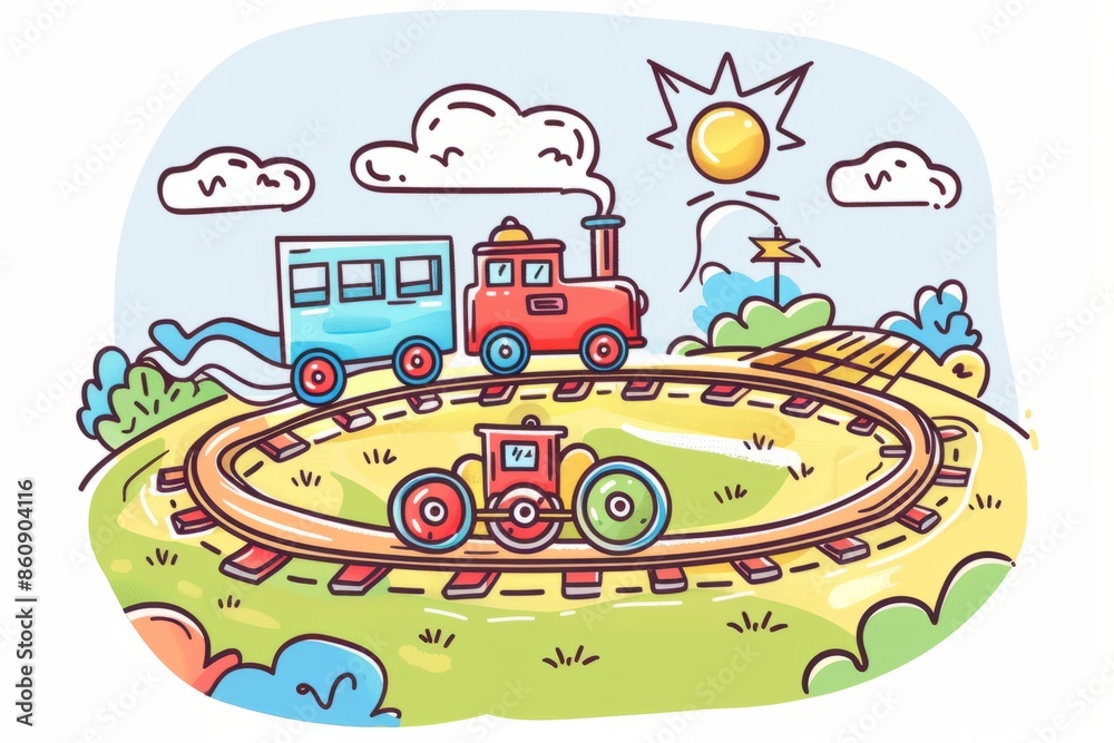 Naklejka premium Cartoon cute doodles of a happy toy train chugging around a miniature railway track, Generative AI