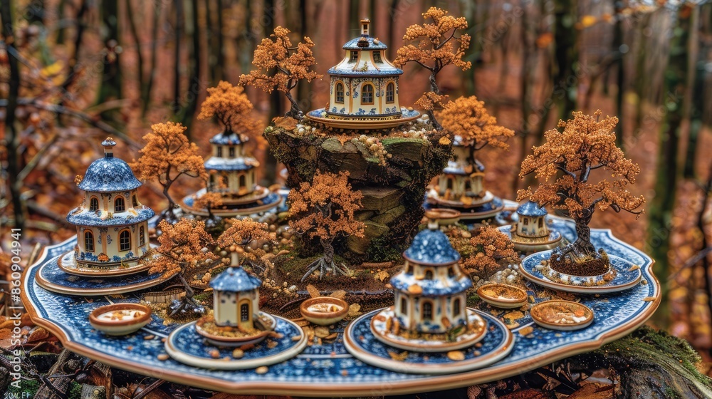 Fototapeta premium Showcase Delft blue items, like plates and tiny houses