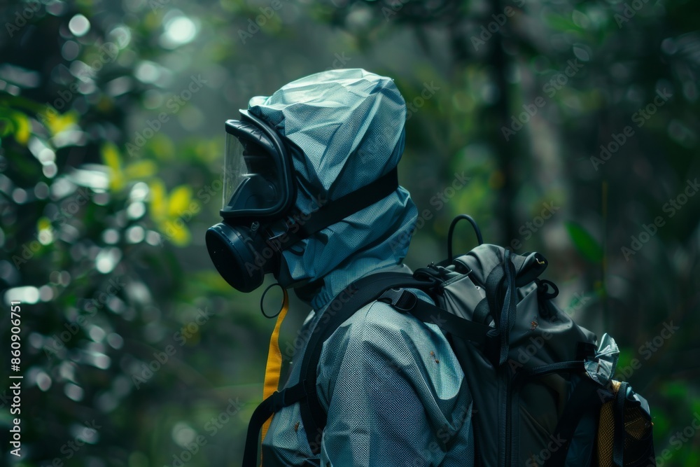 Fototapeta premium A Person Wearing a Gas Mask in a Dense Forest