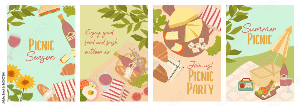 Set of Summer picnic posters for background, invitation and cards with outdoor nature and foods. vector illustration Set of Summer picnic posters for background, invitation and cards with outdoor nature and foods. vector illustration