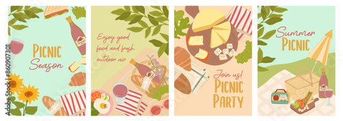 Set of Summer picnic posters for background, invitation and cards with outdoor nature and foods. vector illustration
