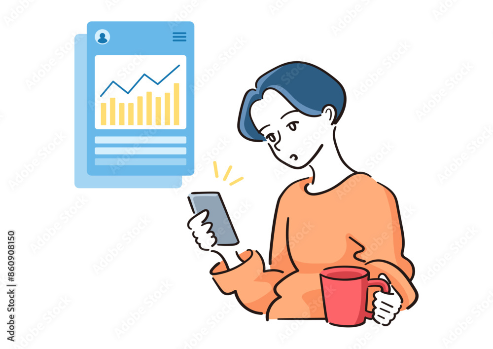 スマートフォンで資産状況を確認する人のイラスト 投資や貯金をオンラインで管理 スマホを見る