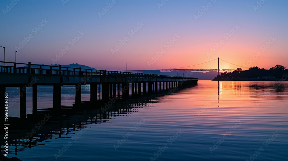 Silhouette of bridge reflects on tranquil waterfront, AI Generative. Silhouette of bridge reflects on tranquil waterfront, AI Generative.