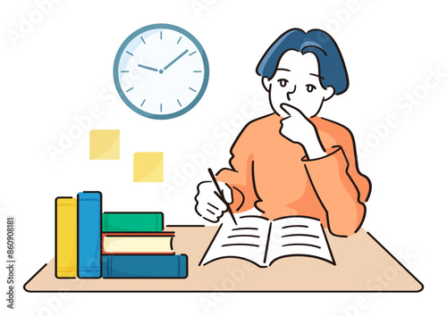 ビジネスシーン 働く人 線画 イラスト 勉強をする人 課題や勉強をする 本とノートとメモ 学習風景　