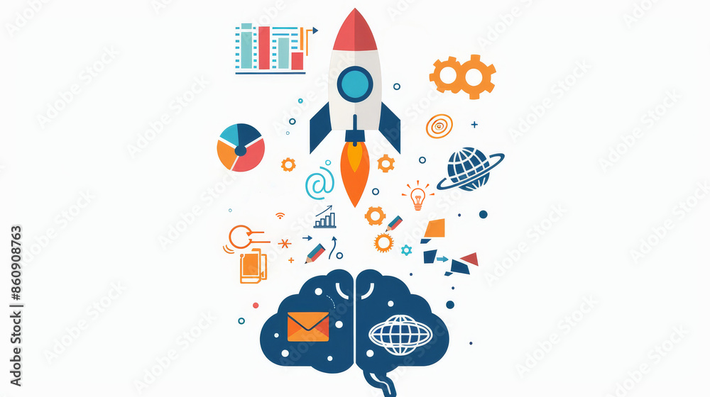 Startup Rocket Launch with Brain and Business Icon Concept Startup Rocket Launch with Brain and Business Icon Concept