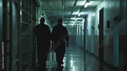 Prison officers conducting a security check in a dimly lit corridor of a maximum-security prison, maintaining order