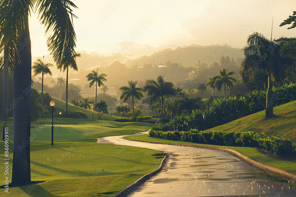 Obraz premium Quiet Golf Course Path with Cart Tracks in a Luxury Resort