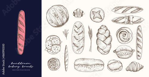 Hand Drawn Breads and Bakery Logo Products for Bakery Shop Store Baguette Pastry Croissant Sourdough in Isolated Vector SVG