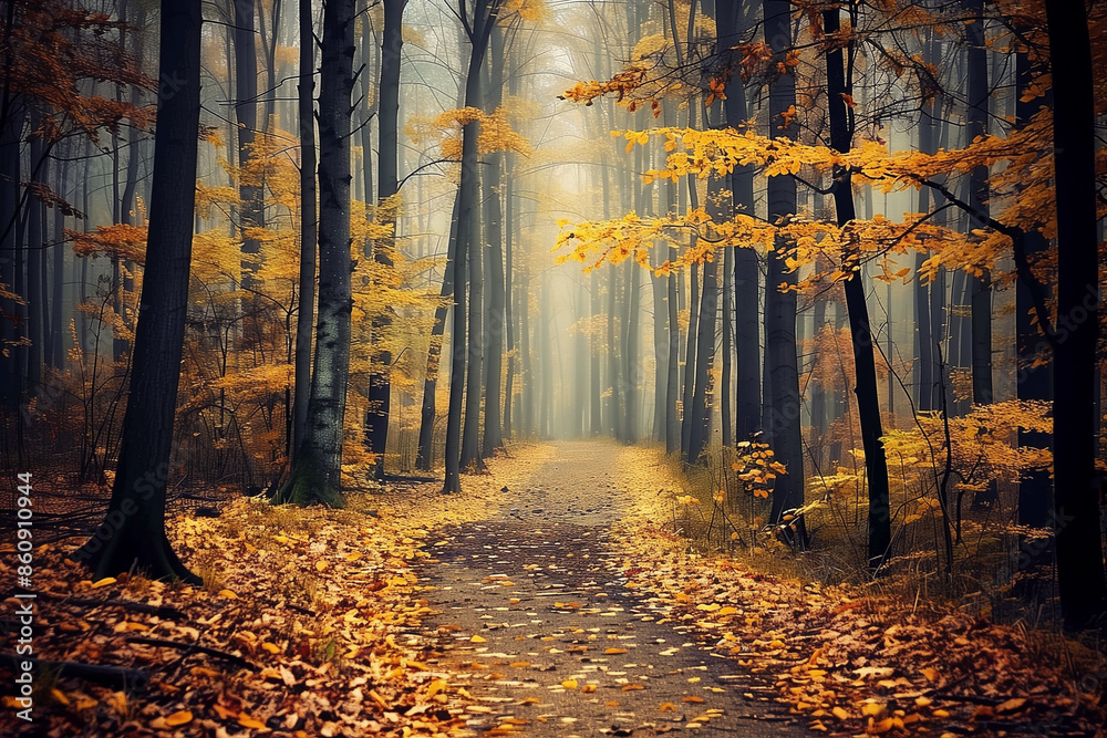 Fototapeta premium Quiet Woodland Path with Leaf-Strewn Trails Deep in the Forest