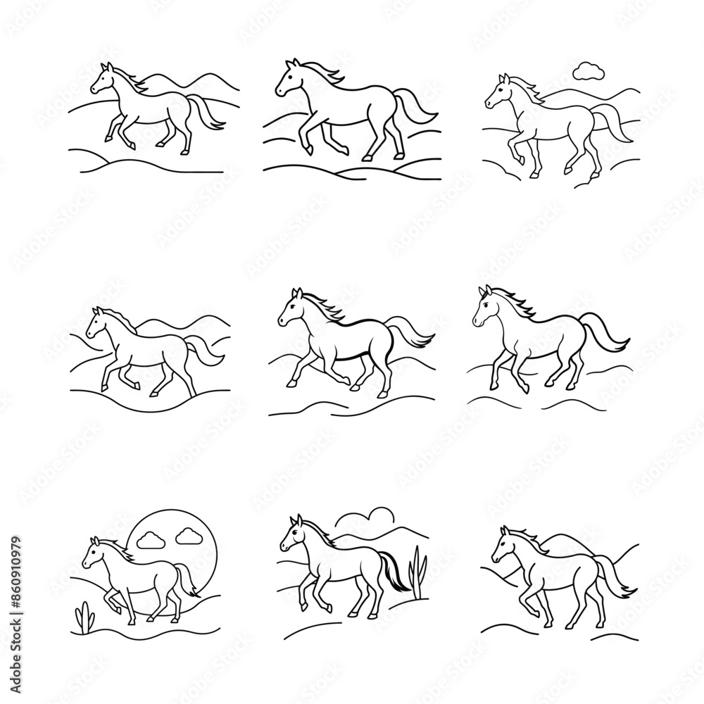 A Horse Running In The Desert Vector Illustration with Clean Line Art A Horse Running In The Desert Vector Illustration with Clean Line Art