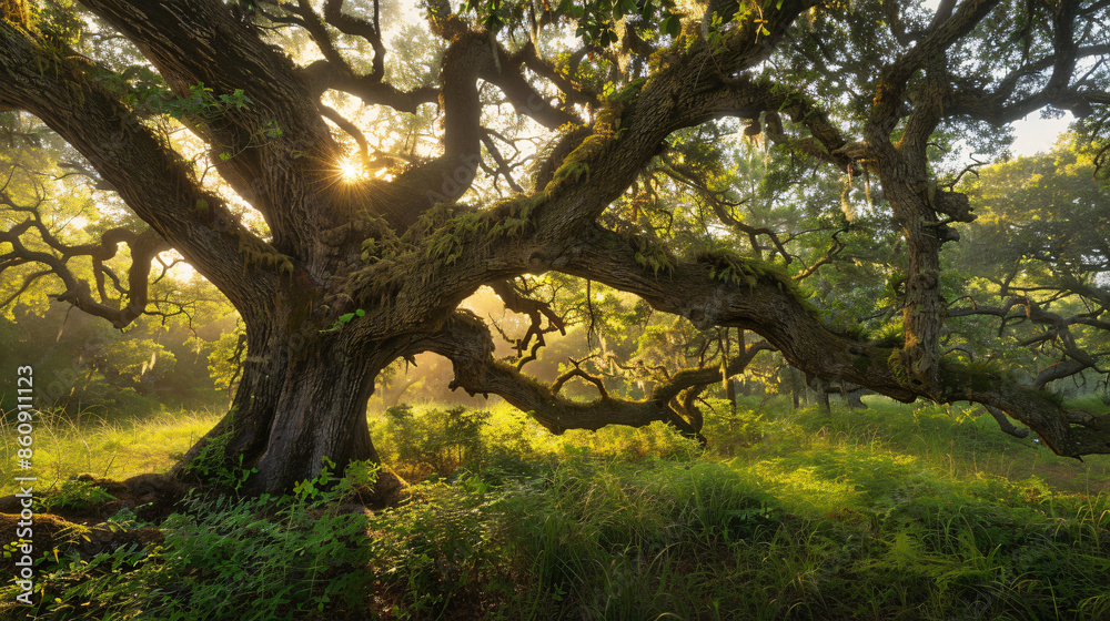Large oak tree with sunlight shining through branches for nature, forest, and environment with copy space text Large oak tree with sunlight shining through branches for nature, forest, and environment with copy space text