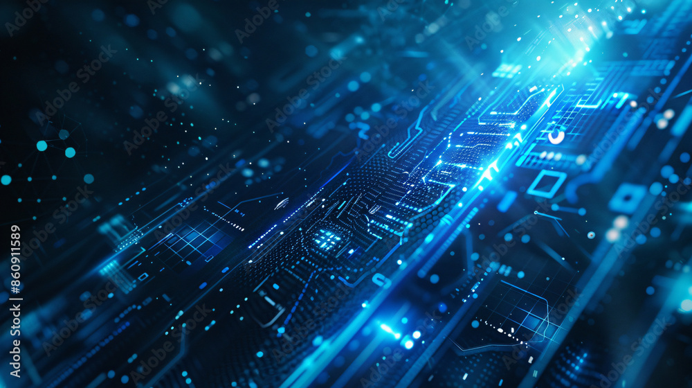 Abstract blue digital circuit board for technology, data, and network with copy space text Abstract blue digital circuit board for technology, data, and network with copy space text