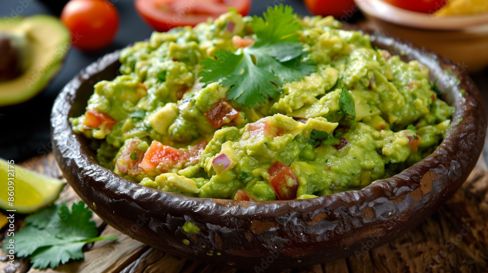 Close up view of a bowl of guacamole Close up view of a bowl of guacamole