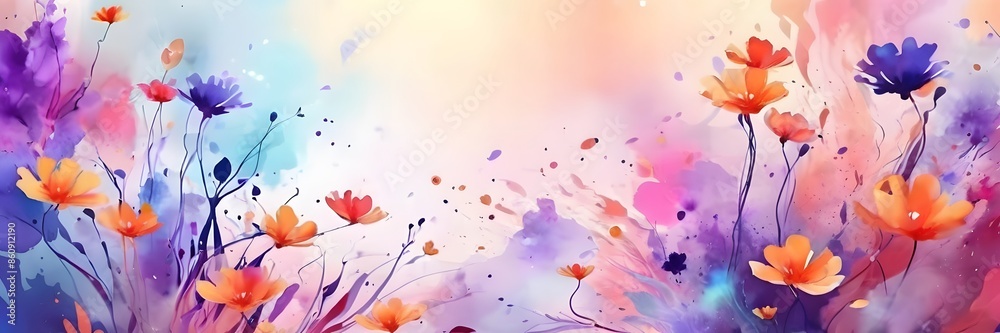 Fototapeta premium Watercolors mixed flowers background, abstract flowers made from watercolor paint splashes, Mixed 3d illustration impressionism style and watercolor, Wide view.