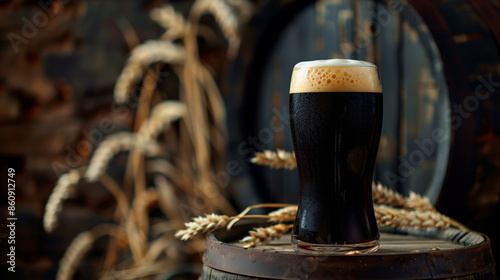 Glass of dark stout beer with wooden barrel and wheat ears on background