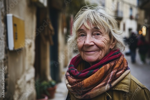 Portrait of an elderly woman with a scarf in the old city. © Stocknterias