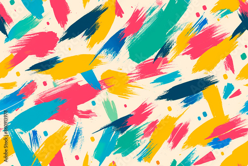 A seamless pattern of colorful abstract brush strokes in pink, yellow, teal, and blue on a light background.