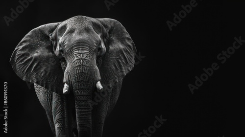 A black and white photo of an elephant with its trunk raised. Generate AI image