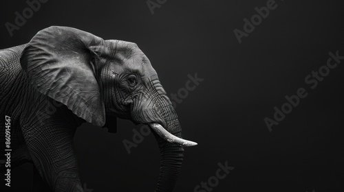 A black and white photo of an elephant with its trunk raised. Generate AI image © Ashalina