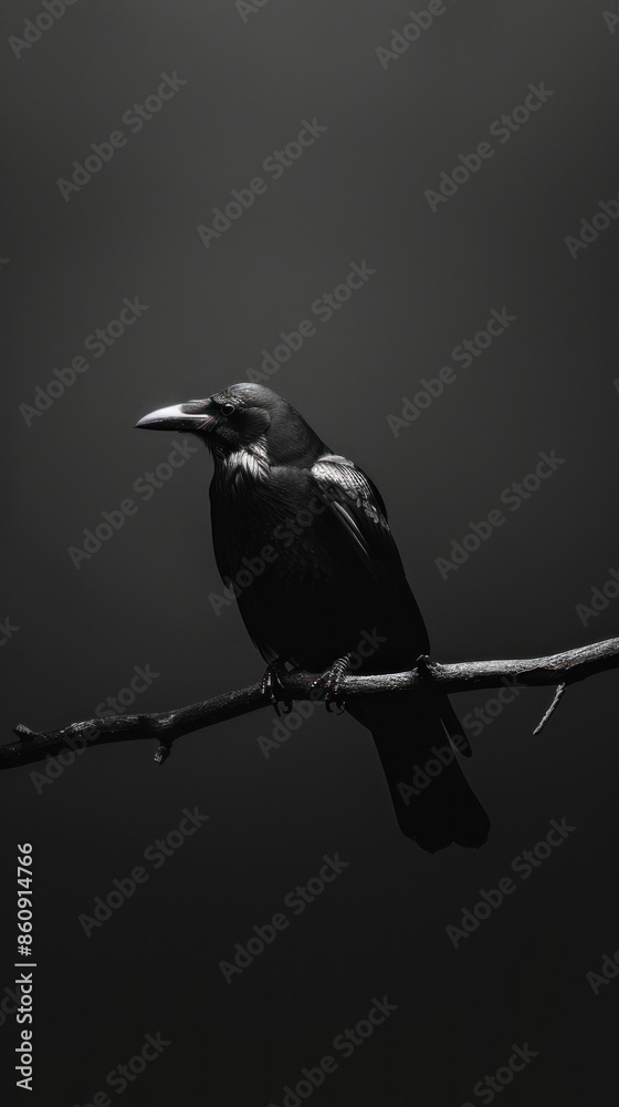 Fototapeta premium Crow bird award winning photography, minimalist, commercial ads photo, advertising, stunning, beautiful, centered, stock photo --ar 9:16 Job ID: 4e3ef86c-8d8d-486d-a601-e729b599ba43