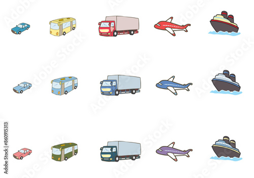 Cute cartoon style vector about transportation of personal cars, buses, trucks, airplanes, passenger ships, cargo ships on a white background, isolated for use in designing,education and presention.