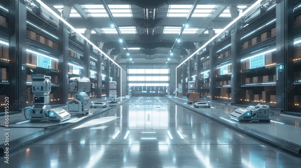 Obraz premium Futuristic Automated Warehouse with Robots, Generative AI